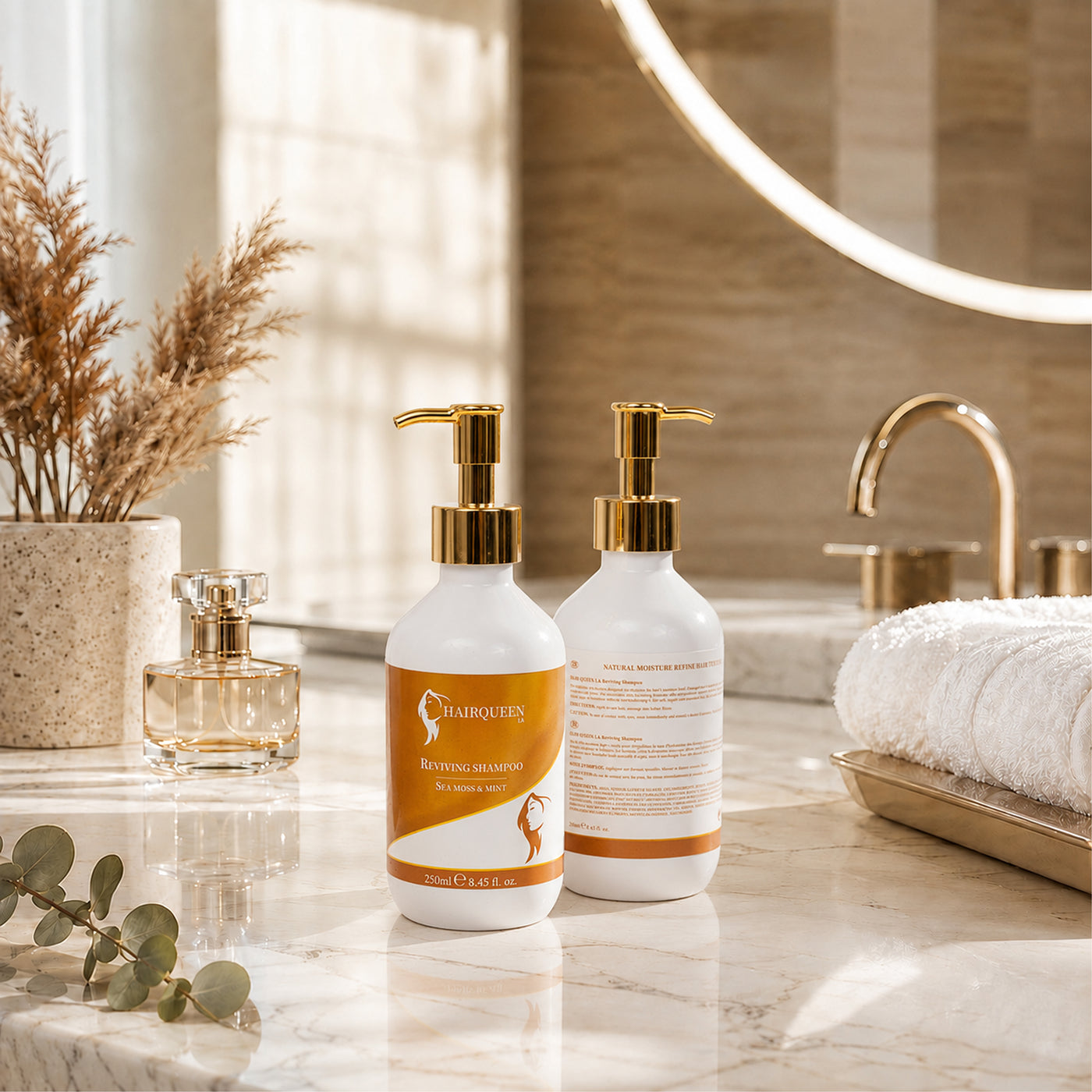 Two reviving shampoo bottles with gold pumps on marble countertop; white orange labels