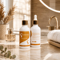 Hair Queen LA hair growth oil bottles on countertop, white droppers with gold caps