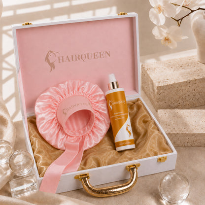 White gift box with pink satin hair extension cap, amber extension care bottle
