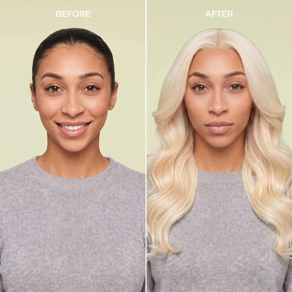 Blonde long wavy lace wig shown on model in before-and-after view