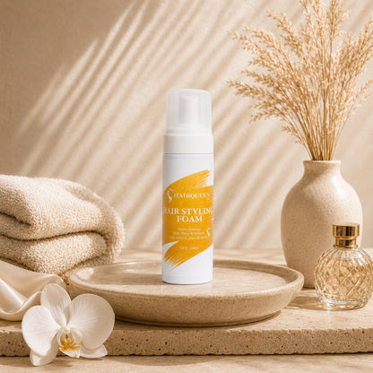 HQLA hair styling foam pump bottle on tray beside folded towel and orchid flower