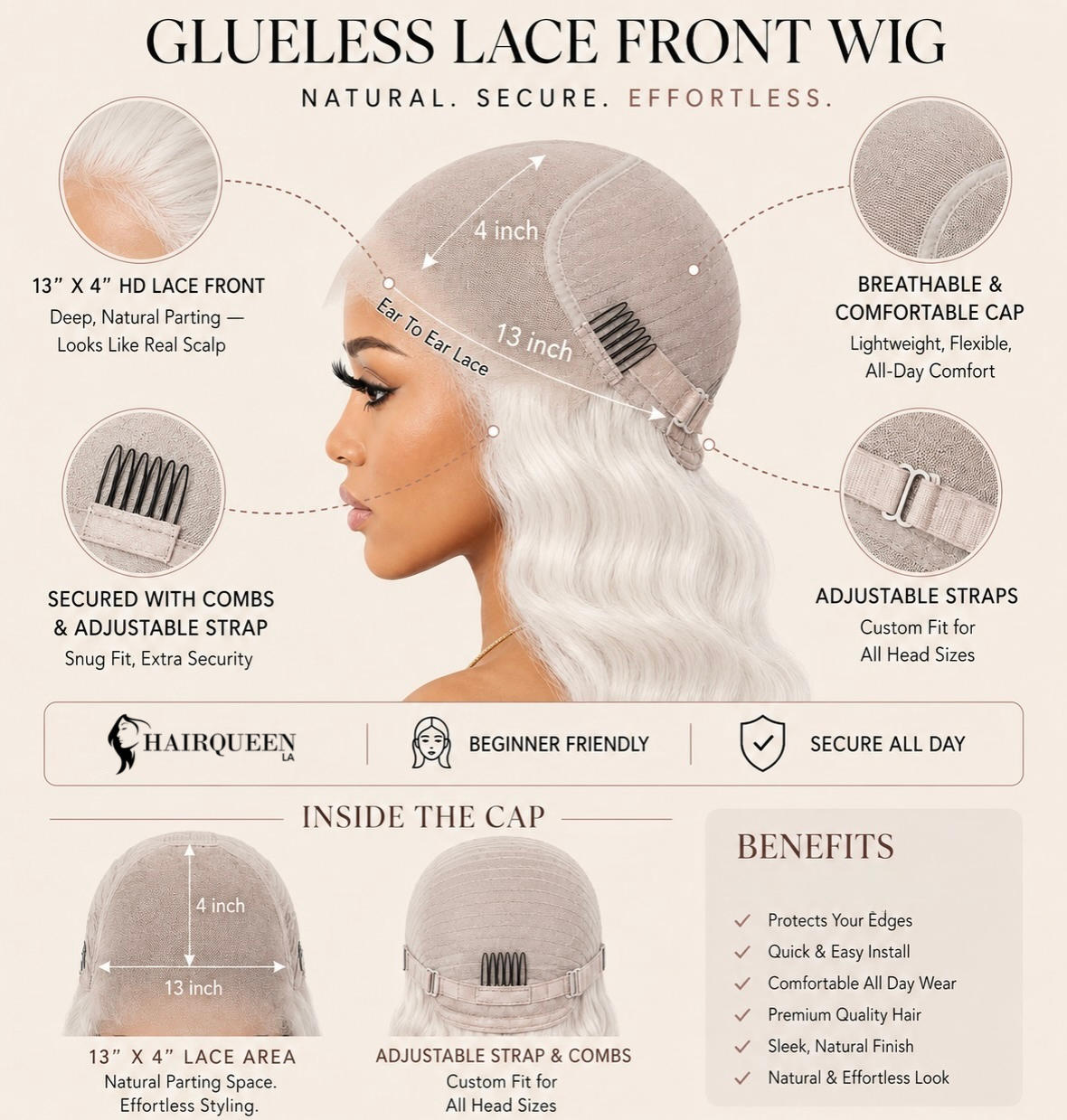 Glueless lace front wig cap with light lace mesh and long wavy platinum hair