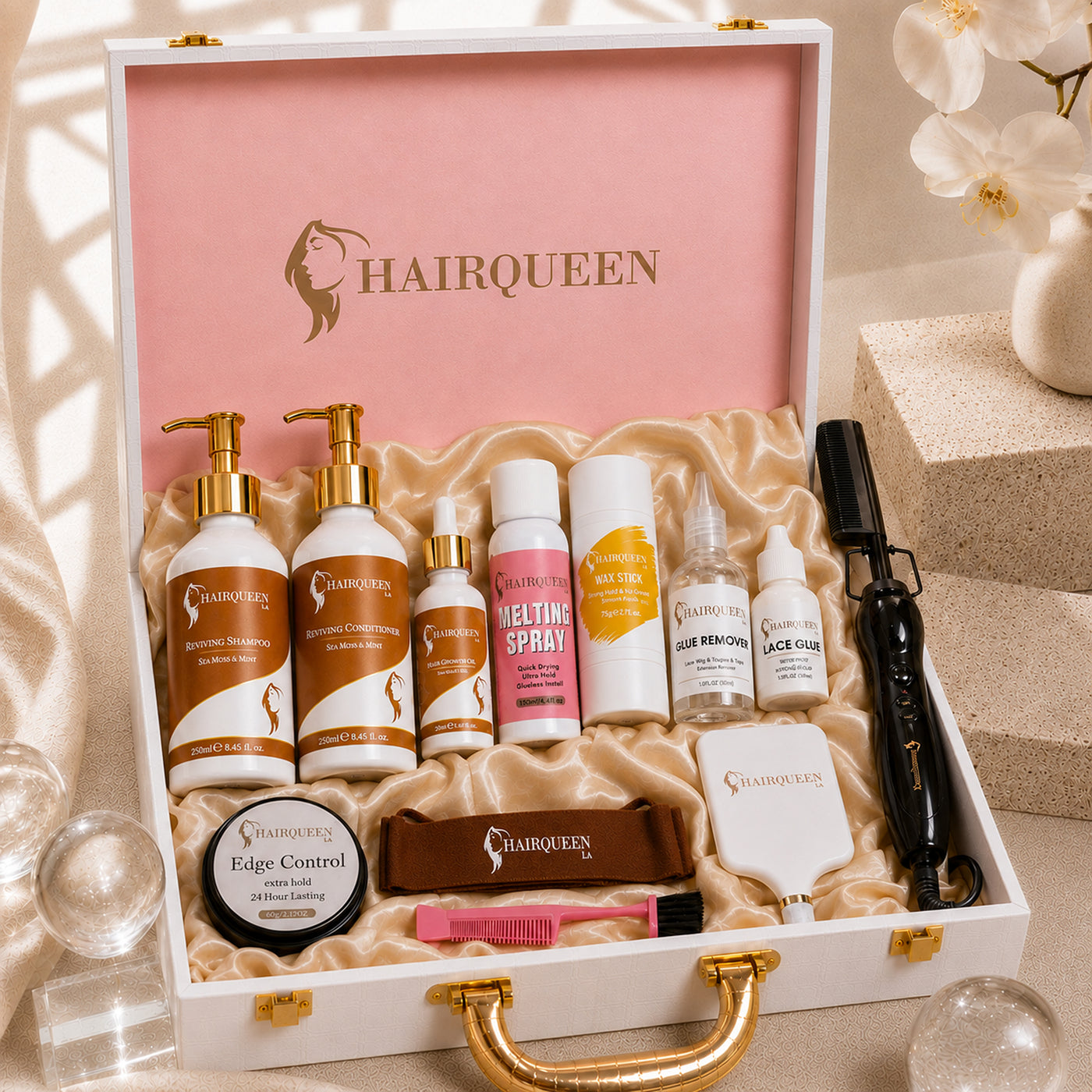 Luxury wig kit in open case with HairQueen bottles, lace glue, comb, and tools