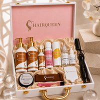 Luxury wig kit in open case with HairQueen bottles, lace glue, comb, and tools