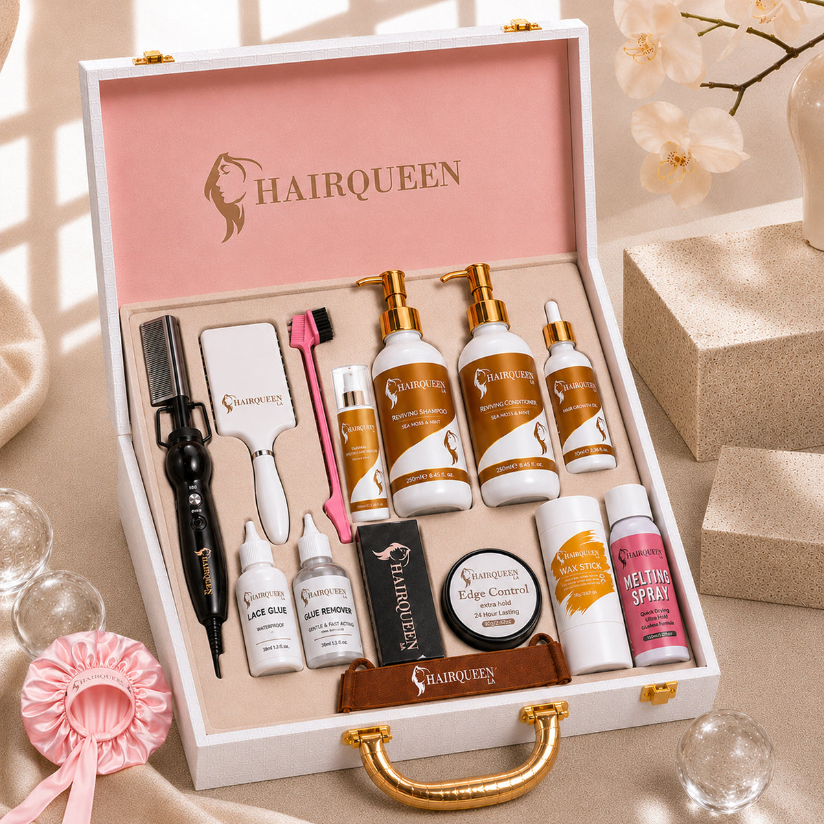HAIRQUEEN wig kit in open case with detangling brush, pink brush, haircare bottles, lace glue, edge control