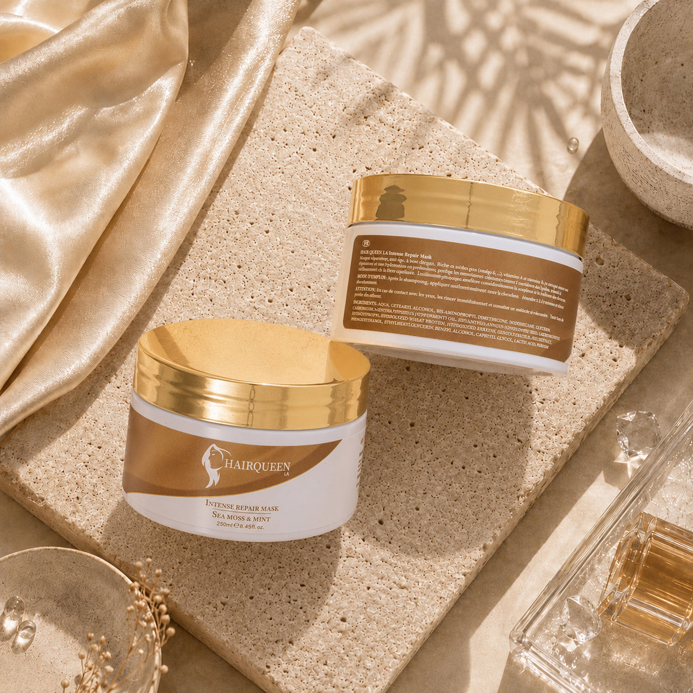 Hair repair mask jars with gold lids, side view showing back label