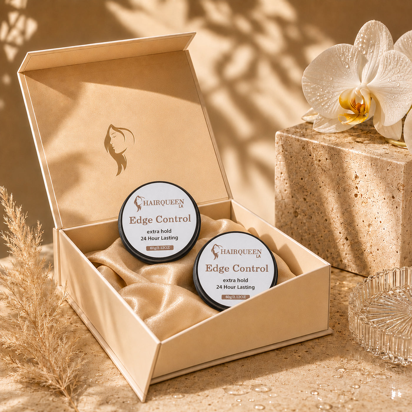 Hair Queen LA Edge Control extra hold edge control jars in a gift box