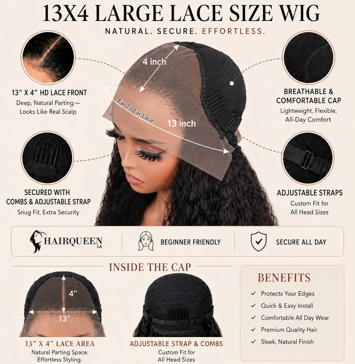 Black lace wig cap diagram with lace front and adjustable straps