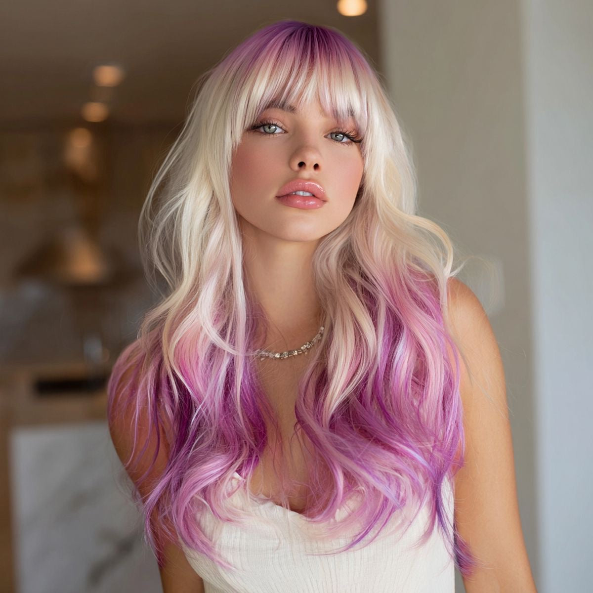 Synthetic blend wavy wig with blonde-to-pink ombre bangs, long waves