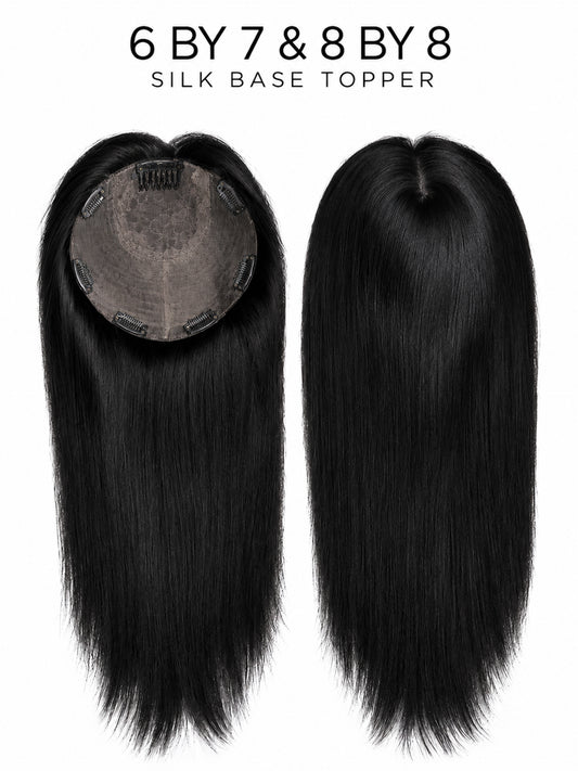Dark brown silk base hair topper, circular lace top and straight hair strands