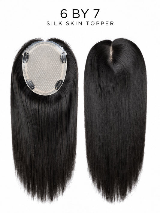 6x7 silk skin topper hairpiece with dark black straight hair and visible lace base
