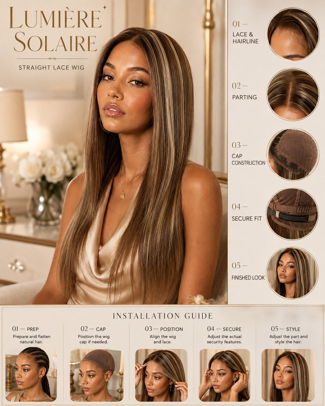 Straight lace wig with long dark-brown hair and lighter streaks, center-part style