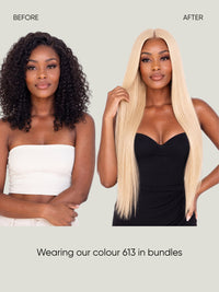 Human hair bundles in blonde, long wavy hair shown alongside curly hair
