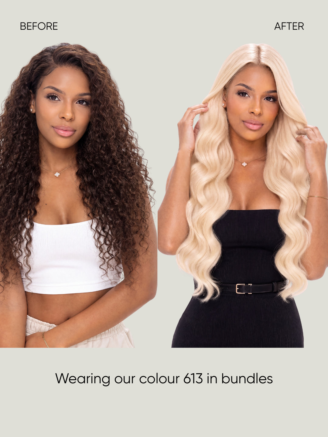 Human hair bundles in blonde, long soft waves with part down the center