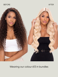 Human hair bundles in blonde, long soft waves with part down the center