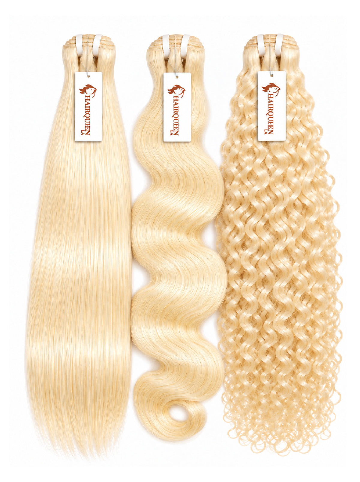 Assorted blonde hair bundles on spools: straight, body wave, and curly