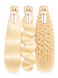 Assorted blonde hair bundles on spools: straight, body wave, and curly