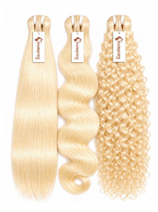 Assorted blonde hair bundles on spools: straight, body wave, and curly