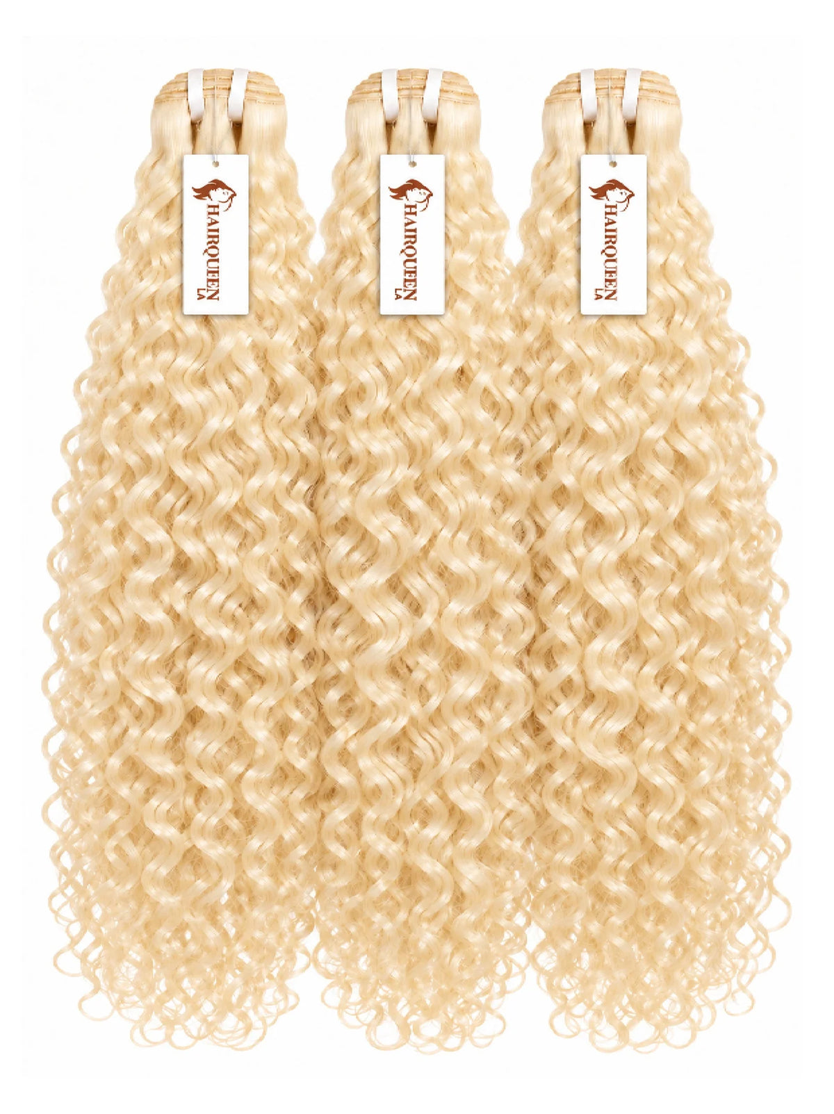 Loose curly blonde human hair bundles, three wefts with looped tops