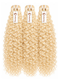 Loose curly blonde human hair bundles, three wefts with looped tops