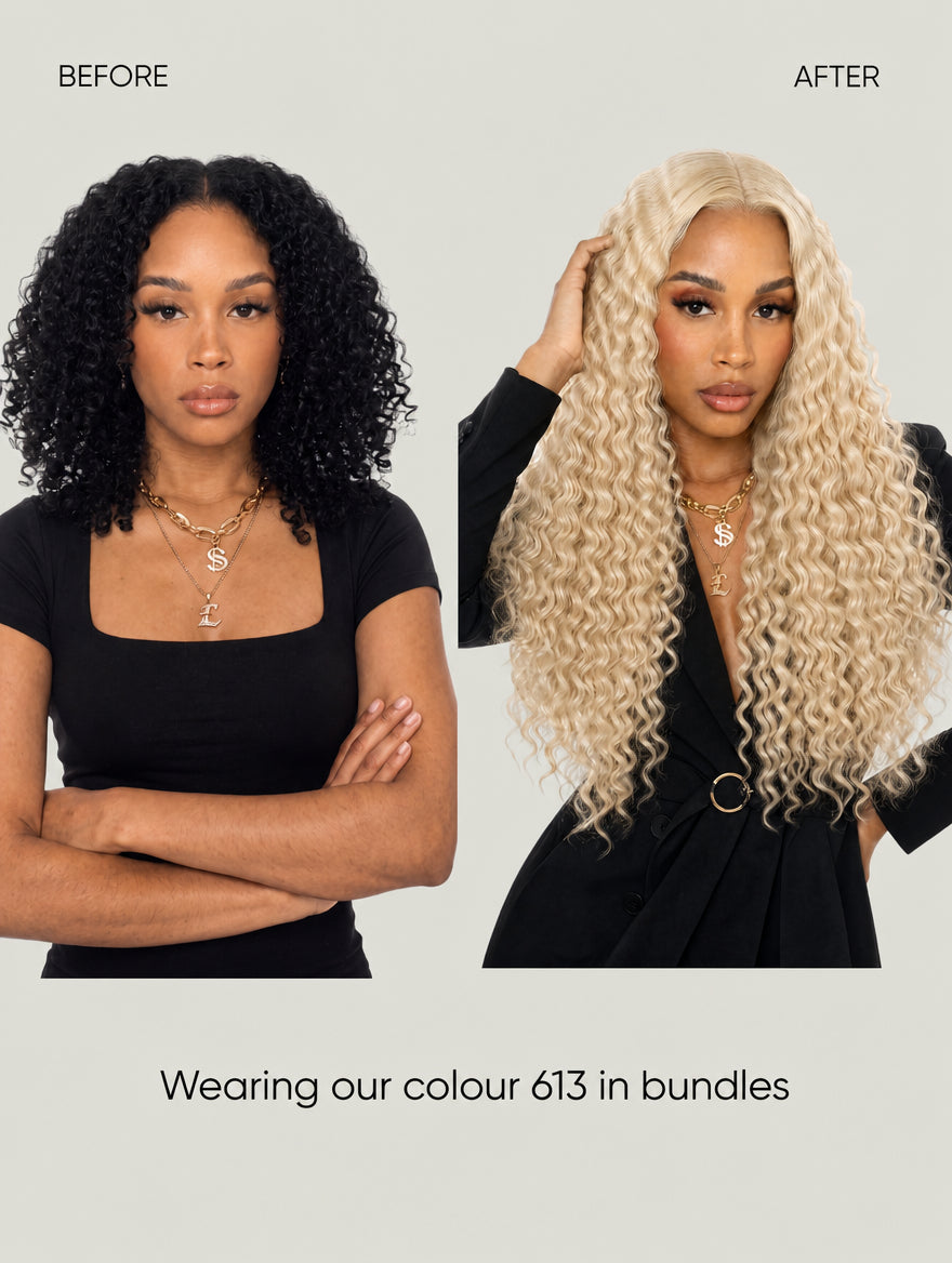 Human hair bundles in blonde, long tight curls on model