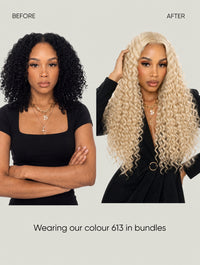 Human hair bundles in blonde, long tight curls on model