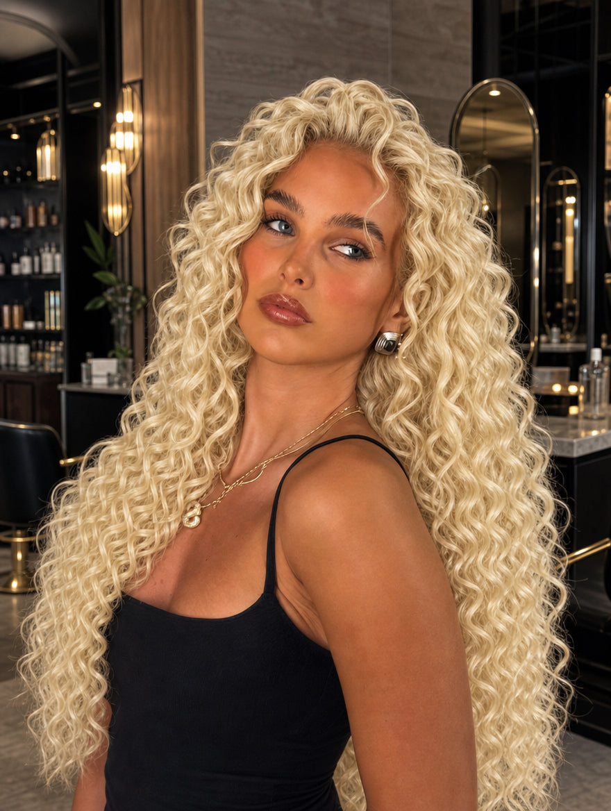 Curly blonde hair wig on a model, defined ringlet curls