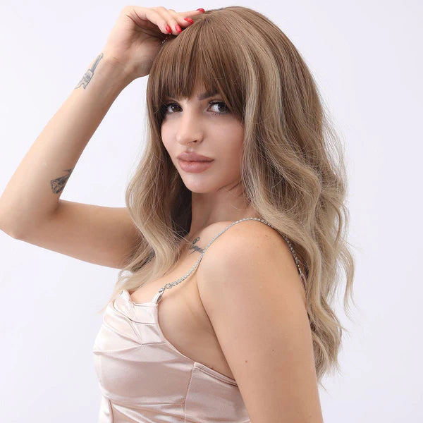 Synthetic blend wig, long wavy sandy blonde hair with fringe bangs