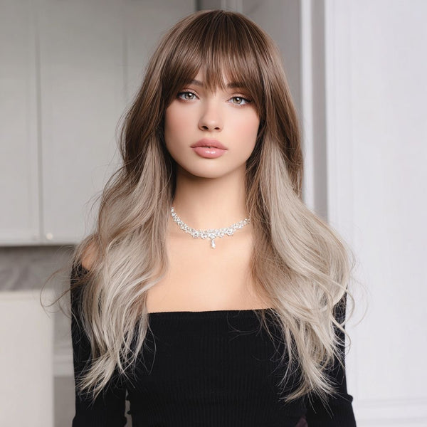 Long Blonde and Brown Wavy Synthetic Blend Wig with Bangs