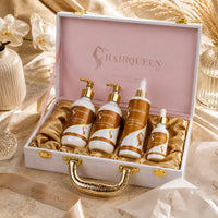 HAIRQUEEN hair care bundle kit in white case with gold handle; 5 gold-pump bottles