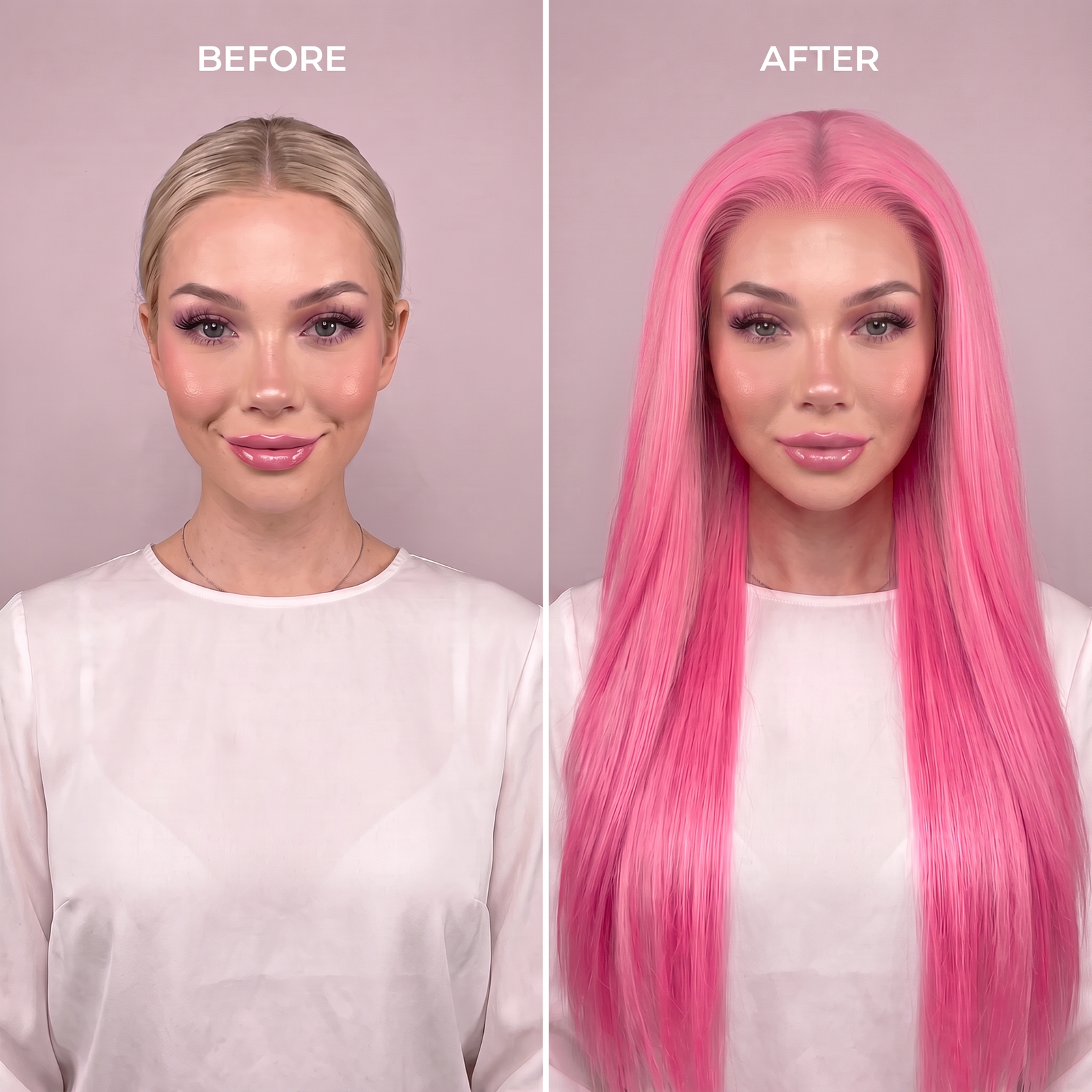 Pink synthetic straight wig with long full hair on model