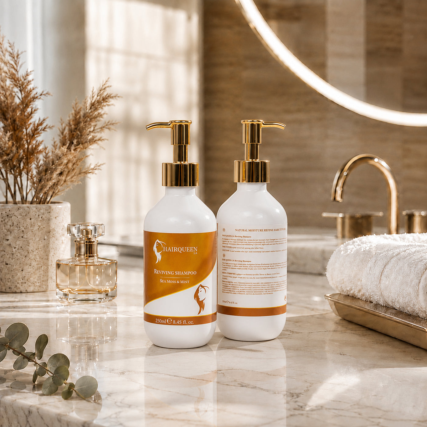 Pair of Hair Queen LA conditioner bottles with gold pumps, white bottles with amber and white labels