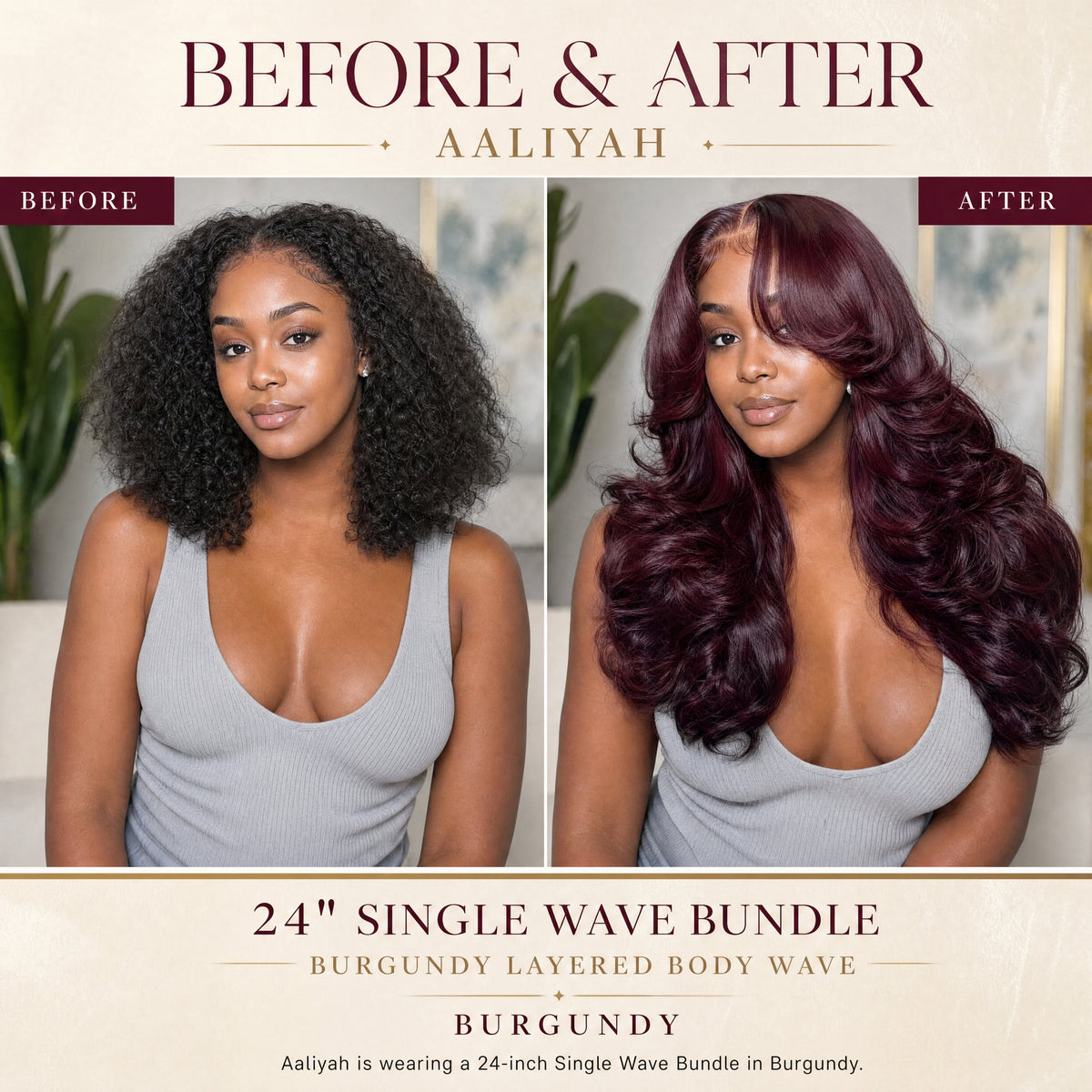 Burgundy lace wig on model with long loose waves and deep side part