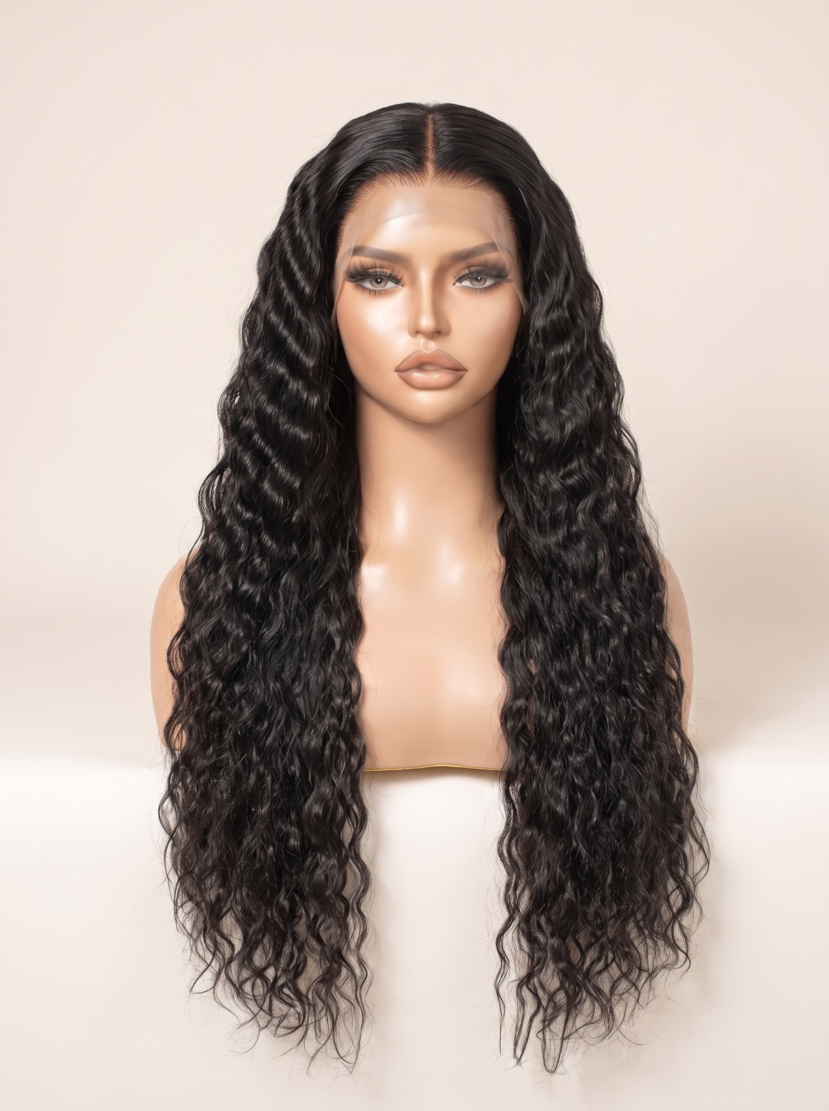 Black crimped lace wig on mannequin with long, voluminous center-part curls.