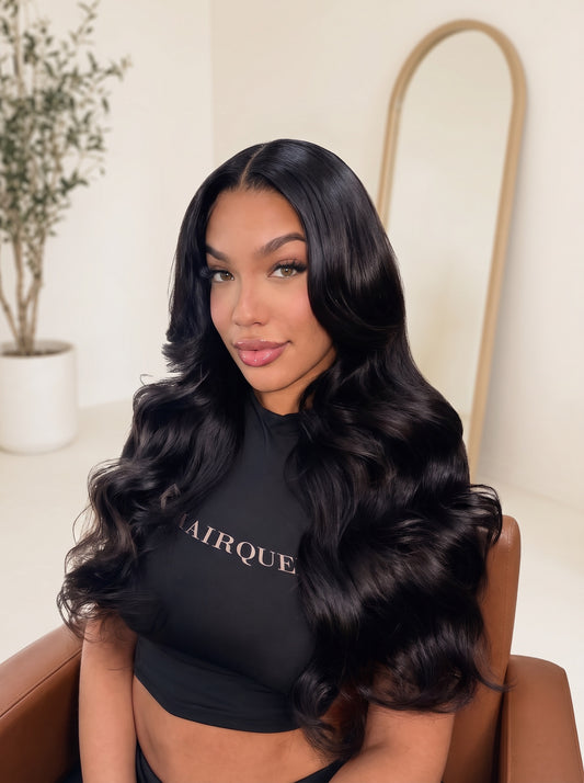 6x6 closure ready-to-wear lace wig with long black deep-wave hair and side part