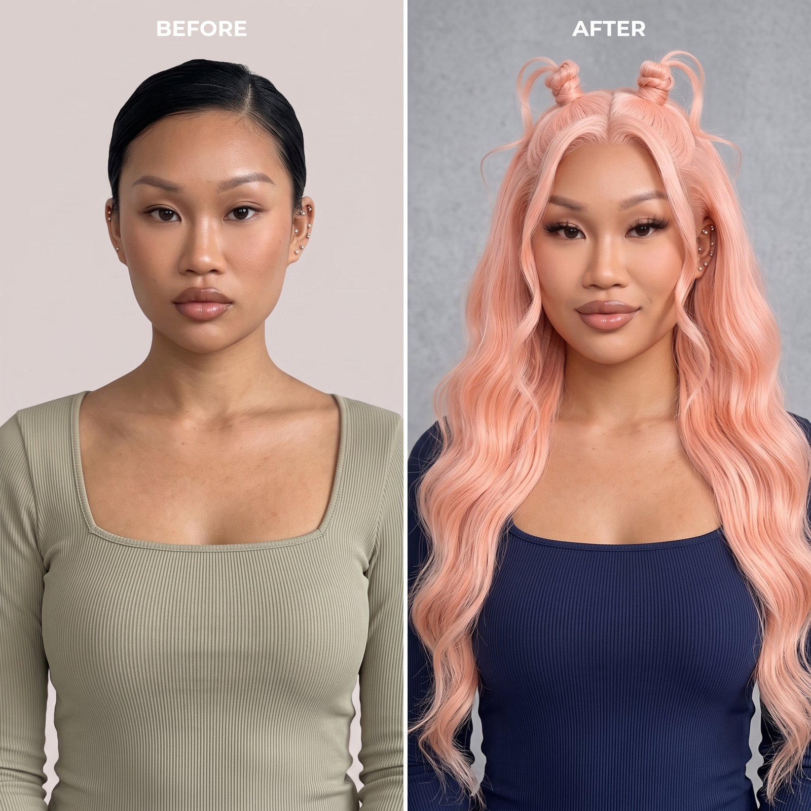 Before-and-after photo: baby pink long wavy wig with twin top knots