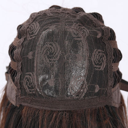 Long Black Synthetic Blend Wig with Brown Highlights, Layers, and Bangs