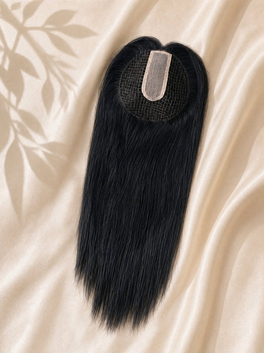 Integration net with silk top topper, straight black hair with visible silk top
