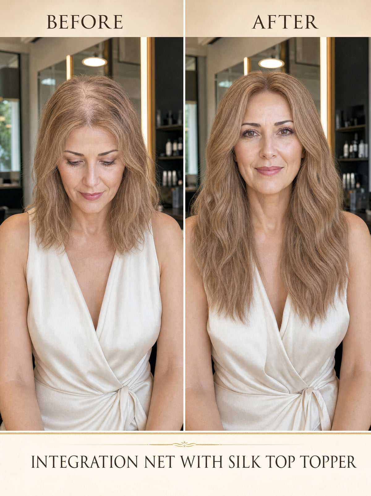 Hair topper worn by model, long straight blonde hair with natural volume