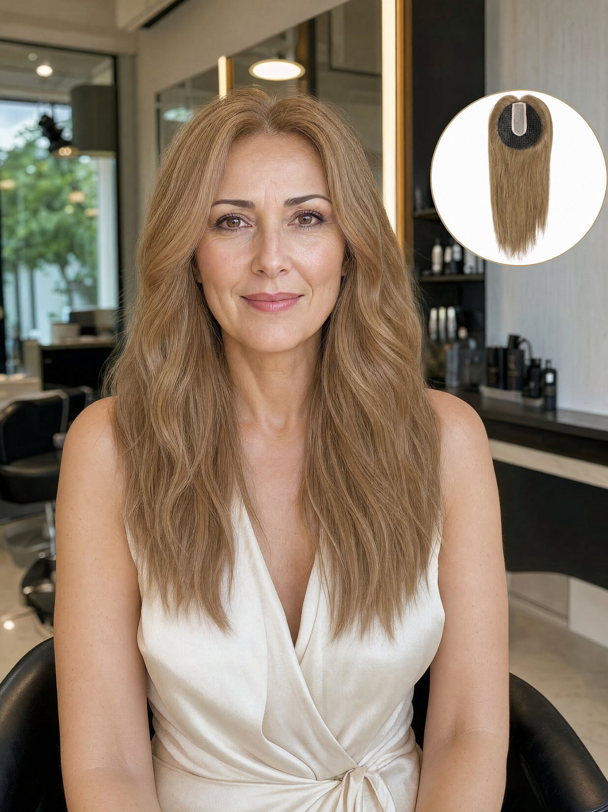 Light ash blonde long hair topper worn straight with part at center and silky top patch