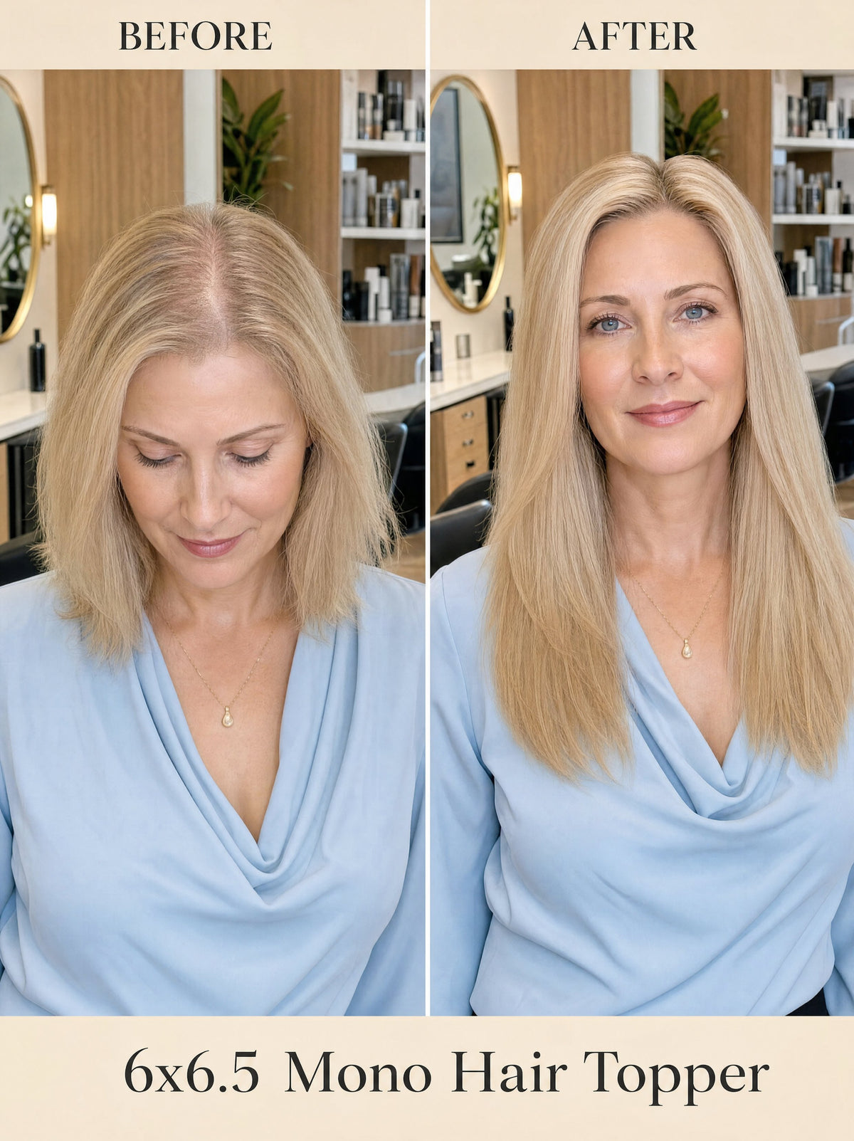 Light ash blonde mono hair topper worn by woman with long straight hair over shoulders.