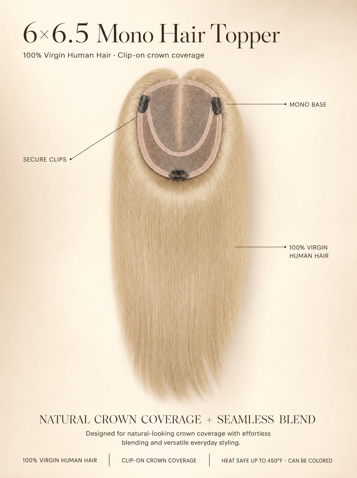 Light ash blonde mono hair topper unit with oval mono base and straight hair.