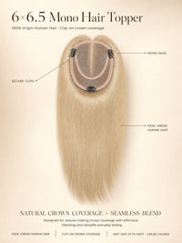 Light ash blonde mono hair topper unit with oval mono base and straight hair.