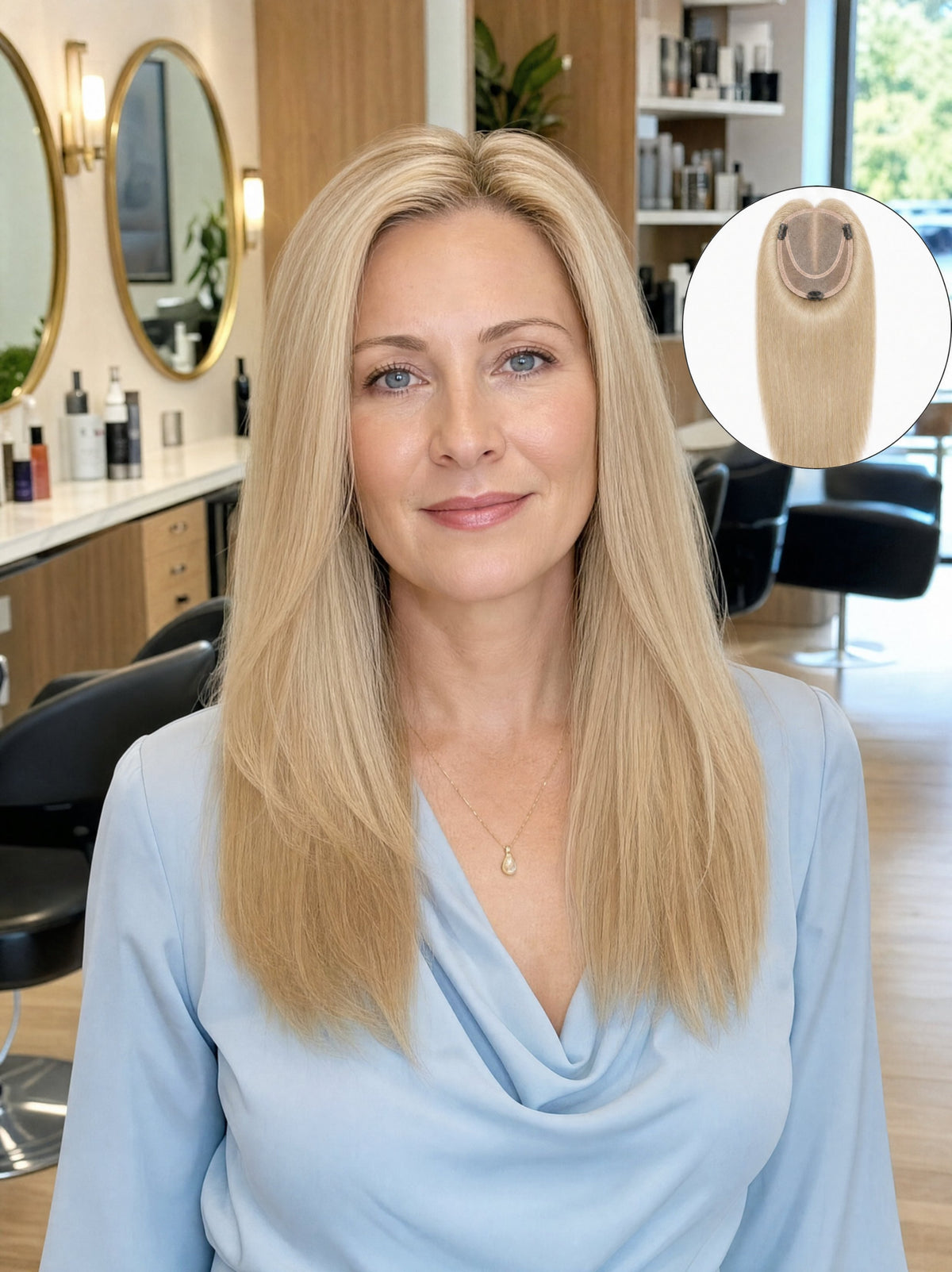Light ash blonde mono hair topper worn by woman with long straight hair framing face.