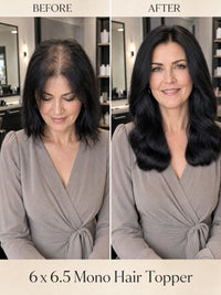 Dark wavy mono hair topper with natural part line, covering the crown area