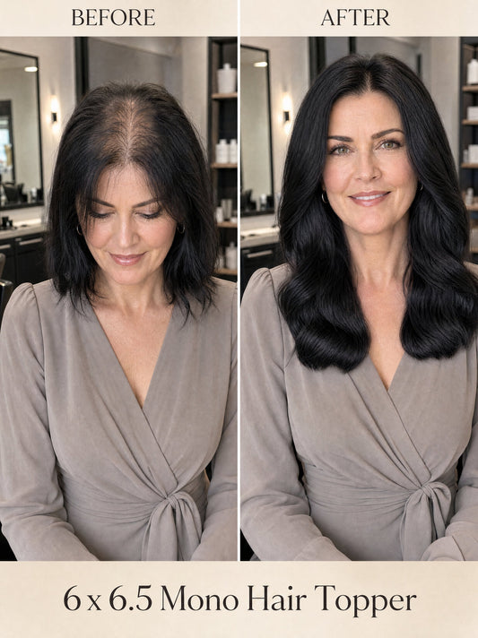 Dark wavy mono hair topper with natural part line, covering the crown area