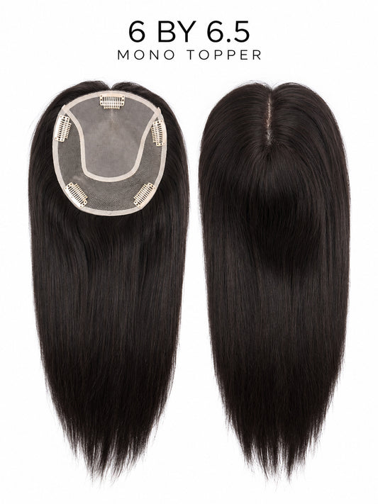 6x6.5 mono hair topper with dark straight hair and visible monofilament base