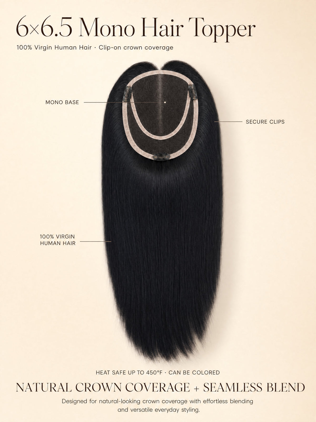 6x6.5 mono hair topper, dark straight hair with circular mono base and secure clips