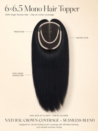 6x6.5 mono hair topper, dark straight hair with circular mono base and secure clips