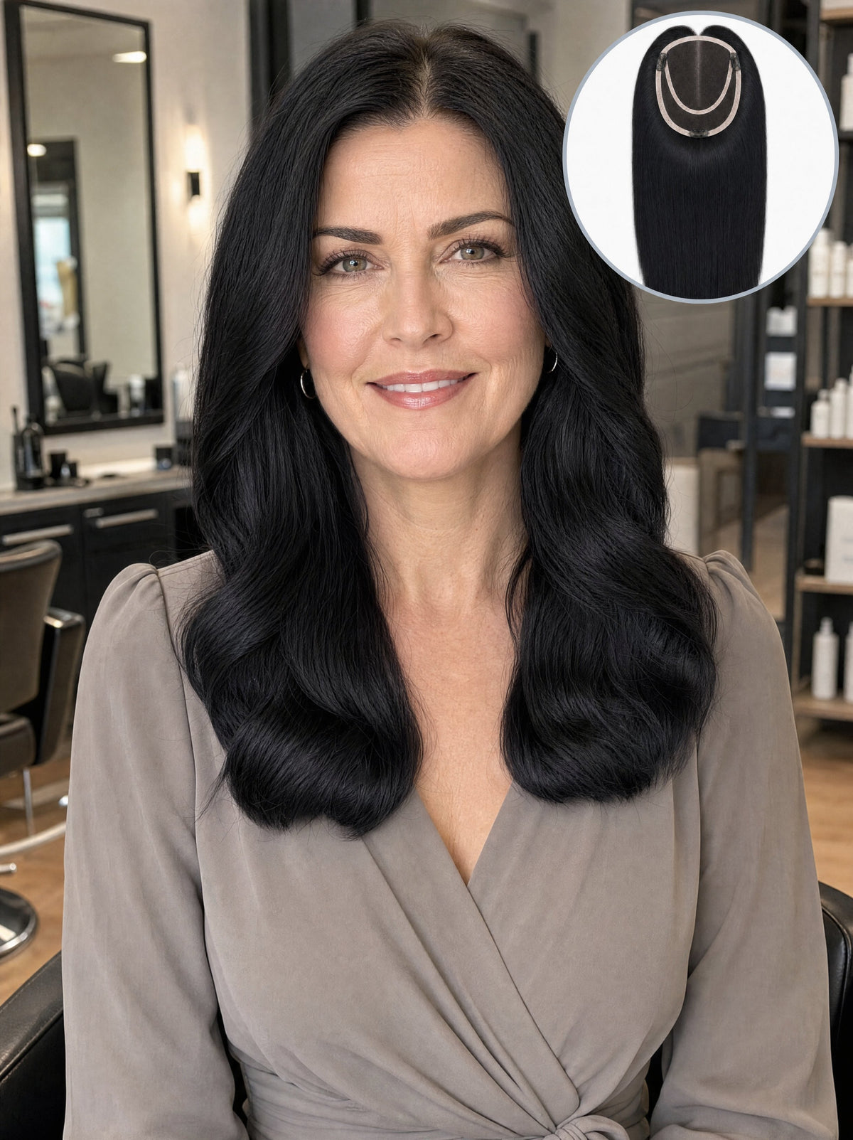 6x6.5 mono hair topper with dark wavy hair and monofilament top